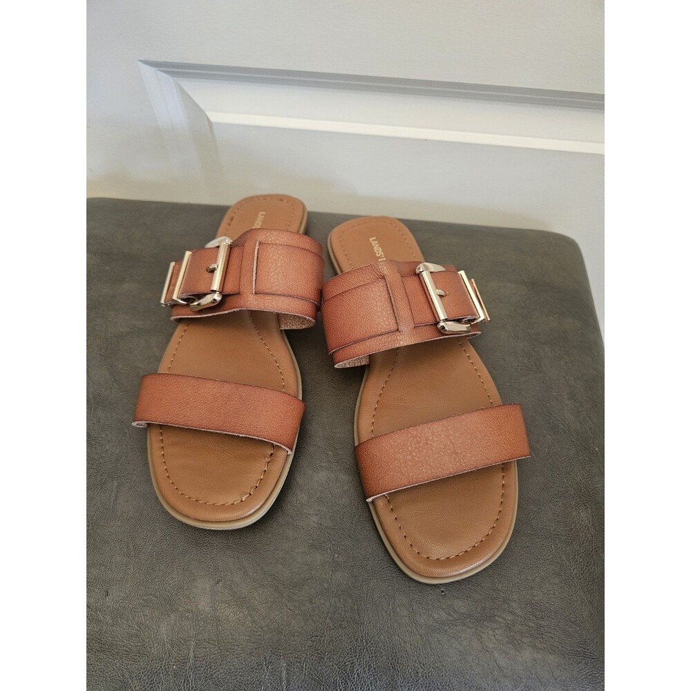 Lands End Womens Slide Sandals Size 7.5 Brown Cognac Faux Leather Buckle Strap